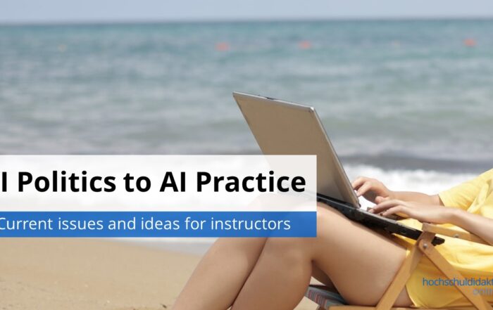Text: AI politics to AI practice. A woman sits on a beach with a laptop.